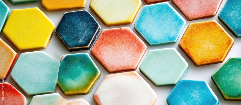Aufkleber vibrant hexagonal mosaic tiles in a honeycomb pattern detailed macro shot on a clean white backgroun