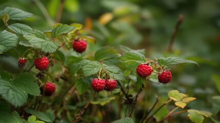 Obraz premium Ripening Raspberries Among Green Leaves in Nature Close-Up Photography 240mm Vario Zoom Royalty Free Image