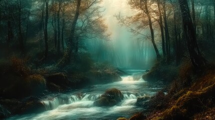 Serene Woodland Stream with Long Exposure Effect Creating Dreamy Water Motion in Lush Green Forest Environment