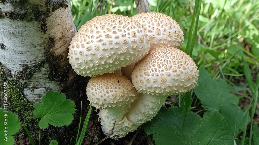Aufkleber rare poisonous webcap mushroom displaying unique texture in a birch woodland setting surrounded by l