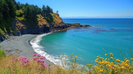 Scenic coastal landscape with turquoise waters and vibrant wildflowers in a sunny natural environment.