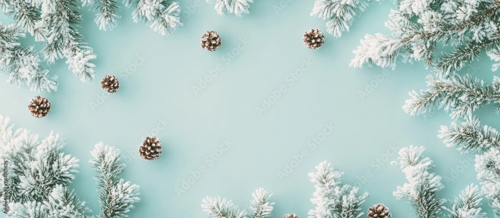 Poster snowy evergreen branches and pine cones on a pale blue background creating a minimal winter forest c