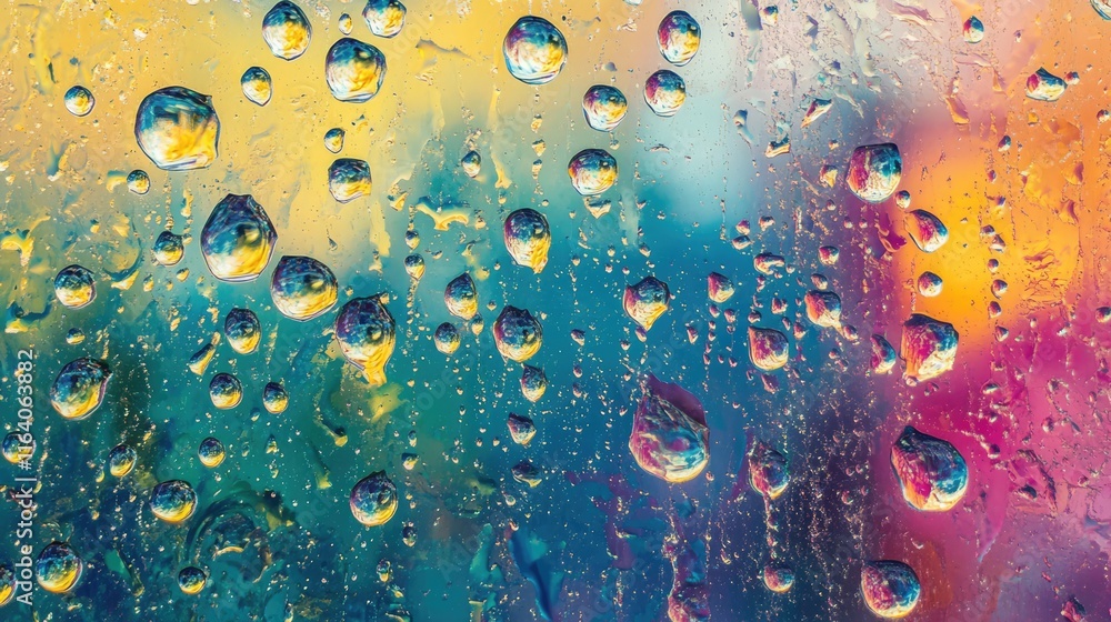 Poster colorful water droplets on a window creating a beautiful abstract background with vivid blurred colo