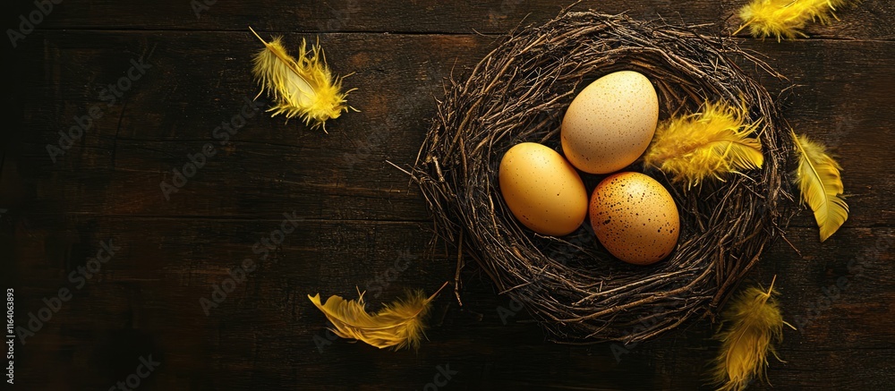 Poster whole chicken eggs in rustic nest with yellow feathers on dark wooden surface creating a warm and na