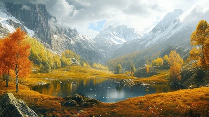 Obraz premium Majestic autumn valley landscape with vibrant foliage and serene lake surrounded by snow-capped mountains under dramatic cloudy skies