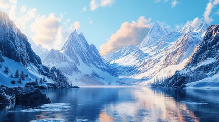 Fototapeta premium Serene lake landscape framed by majestic snow-capped mountains illuminated by sunlight creating a tranquil natural ambiance