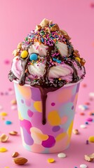  Colorful ice cream topped with chocolate drizzle, rainbow sprinkles, nuts, and candies in a vibrant cup against a pink background, perfect for sweet treat lovers.