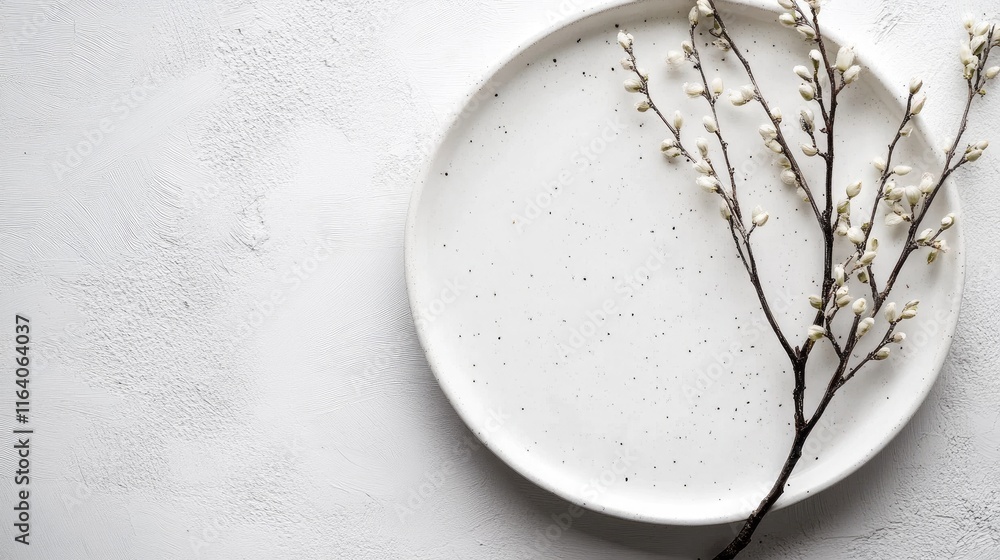 Poster willow branches elegantly arranged on a minimalist white plate creating a serene decorative top view