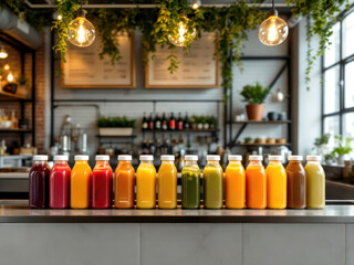 Variety of cold pressed juice bottles in modern kitchen setting