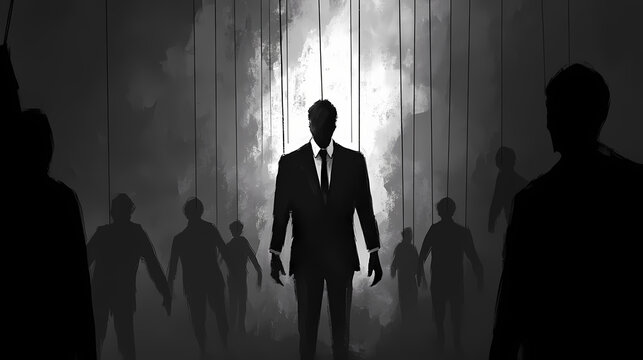 Manipulated businessman: gothic sketch of puppet strings controlled by shadowy figures in dark tones. Wraithlike. Illustration
