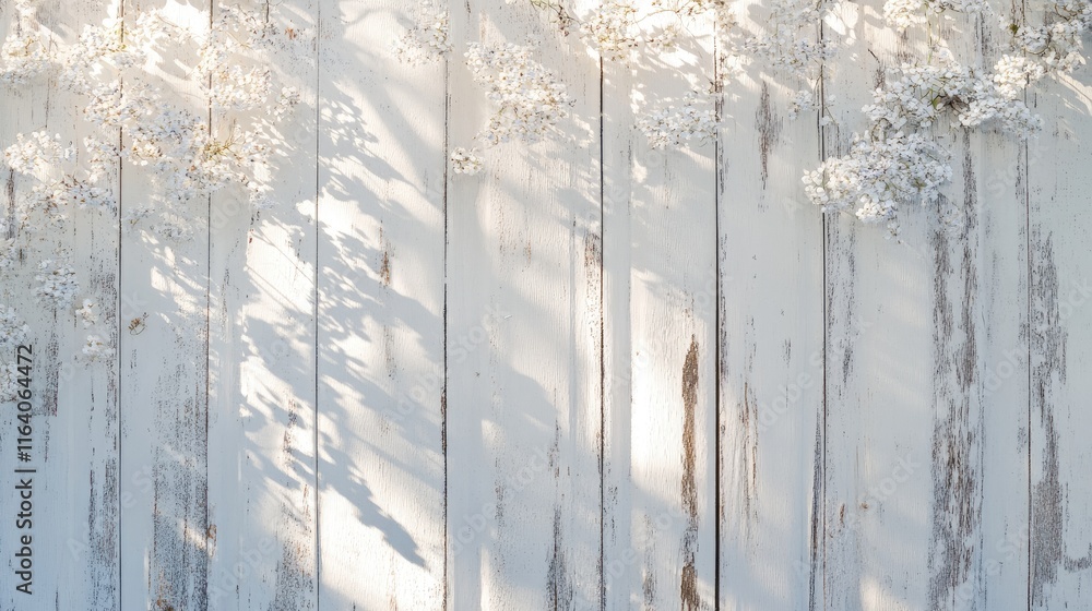 Poster delicate wildflowers casting shadows on rustic white wooden background creating a serene and fresh a