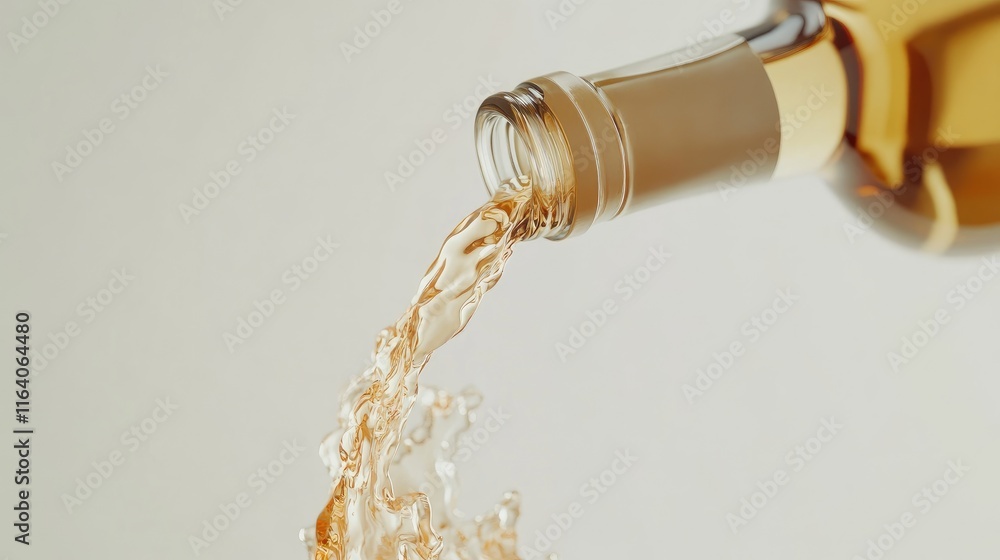 Poster white wine cascading from a bottle creating a refreshing splash against a clean white backdrop for e