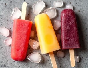 Vibrant summer refreshment with assorted fruit popsicles and ice on granite