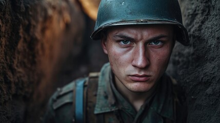 Fototapeta premium Portrait of a male soldier in a trench conveying courage and resilience with dramatic lighting and a blurred war zone environment