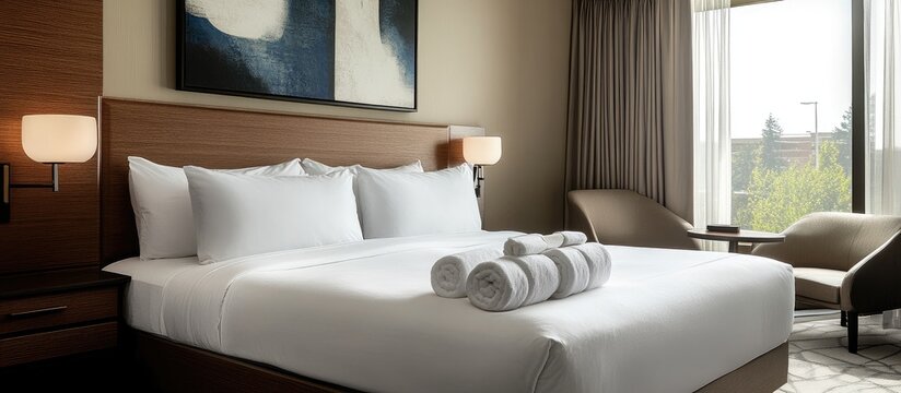 Elegant hotel bedroom with crisp linens and plush towels showcasing serene hospitality ambiance for promotional use.