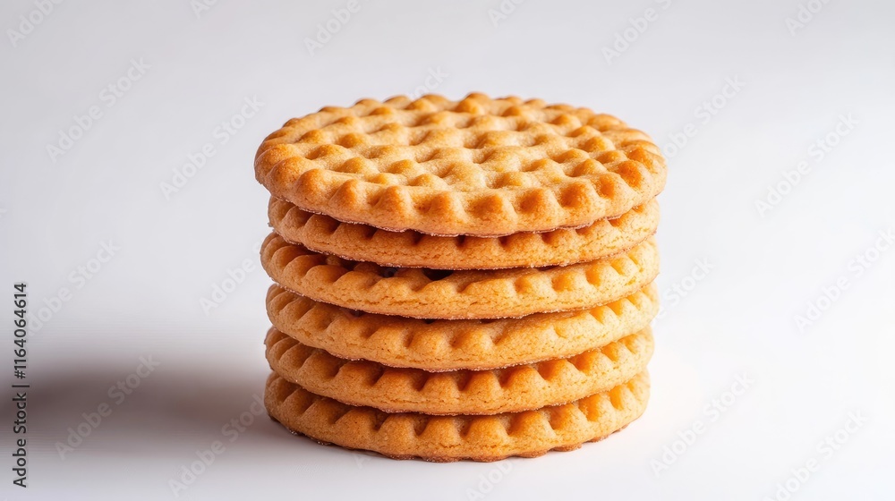 Poster stack of crispy cookies against a clean white background showcasing texture and detail in a minimali