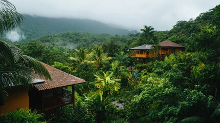 Lush rainforest retreat in a wildlife sanctuary featuring tropical vegetation and serene ambiance amidst mountains and mist.
