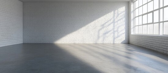 Obraz premium Minimalist bright room with white brick wall and gray concrete floor ideal for contemporary interior design and architectural projects
