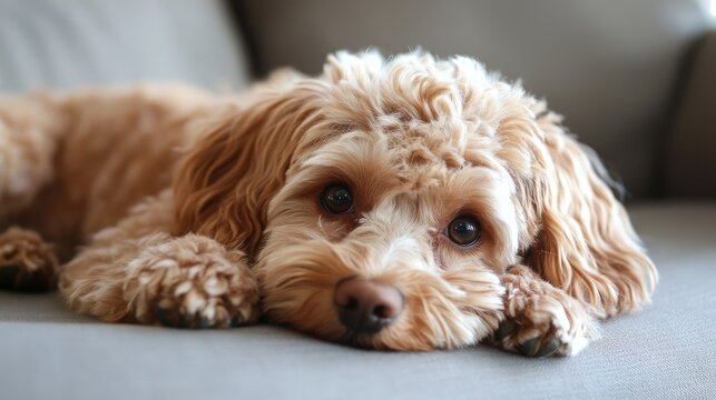 Cute cavapoo puppy relaxing on a sofa with soulful eyes inviting pet lovers to a pet sitting service promotion and vouchers.