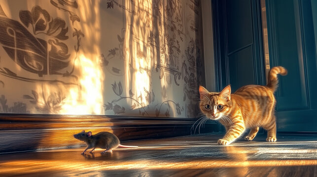 A tabby red cat hunts a mouse in the house