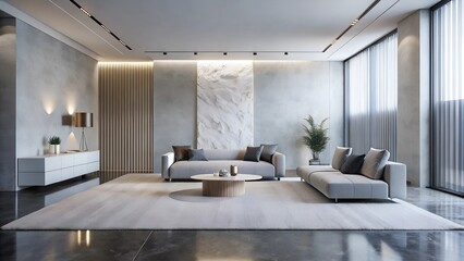 Minimalist interior design of modern luxurious living room with carpet light grey wall