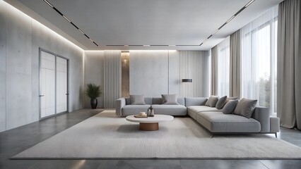 Minimalist interior design of modern luxurious living room with carpet light grey wall