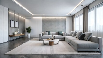 Fototapeta premium Minimalist interior design of modern luxurious living room with carpet light grey wall