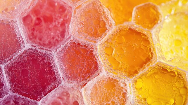 Macro shot of sugar molecule structure highlighting hexagonal patterns in vibrant colors for biology and medical science concepts