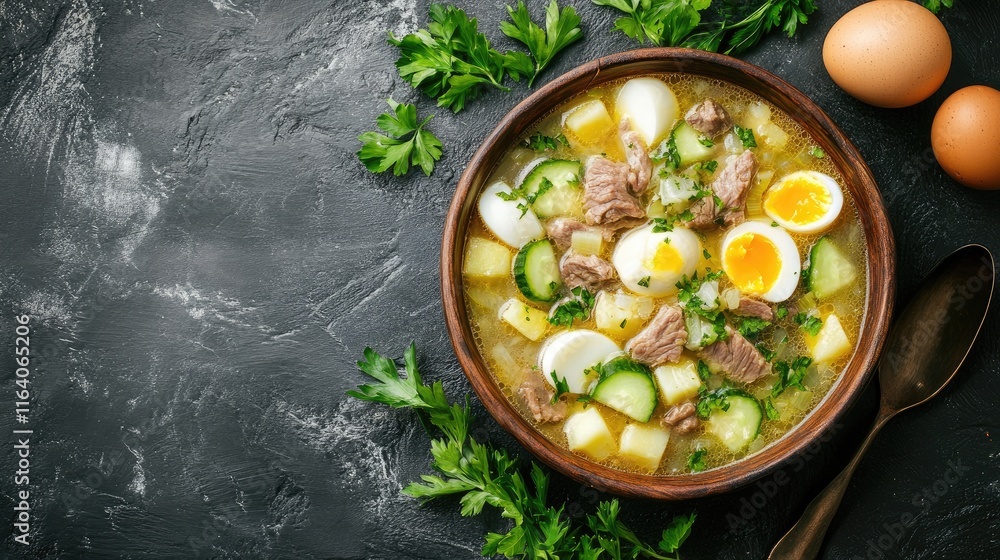 Aufkleber crescent salad with cucumbers eggs and boiled potatoes accompanied by harcho soup with beef colorful