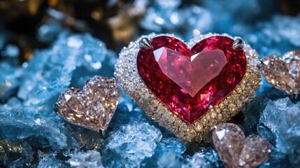 Obraz premium Stunning ruby red diamonds set in heart-shaped design surrounded by raw blue gemstones perfect for elegant jewelry presentations