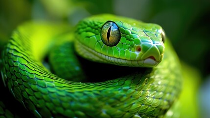 Fototapeta premium Vibrant close-up of a green snake showcasing intricate scales and striking eyes in a natural jungle setting