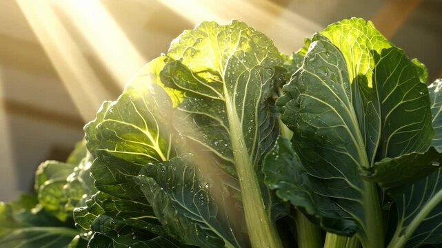 Fresh green collard greens glistening in sunlight with dew drops in a garden setting