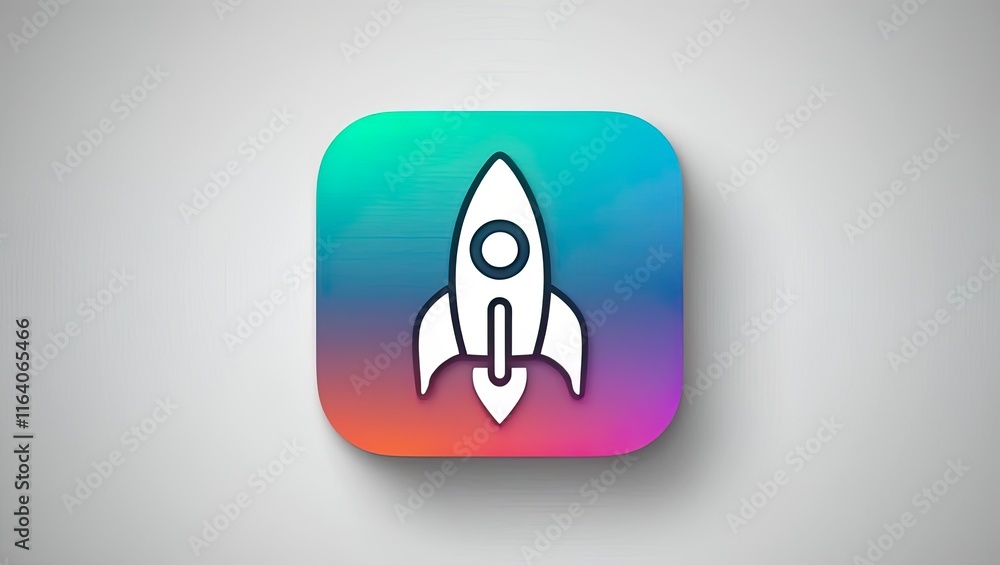 Poster a sleek app icon featuring a rocket against a vibrant gradient background, symbolizing innovation an