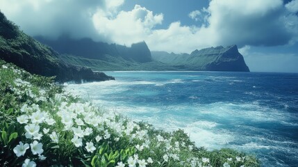 Serene coastal landscape featuring lush flowers against a vibrant ocean and dramatic cliffs under a cloudy sky.