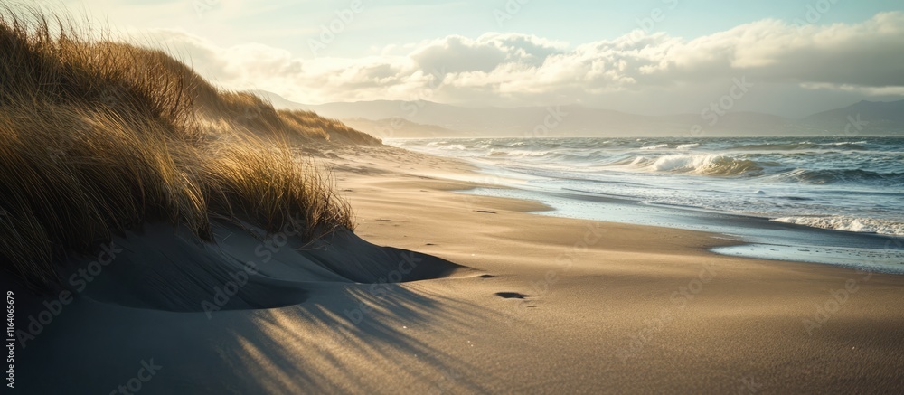 Poster serene sandy beach with gentle waves and golden light casting shadows over the dunes creating a tran