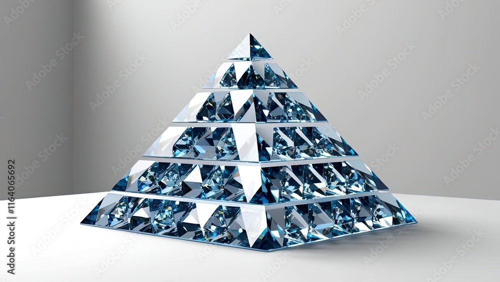 Poster a stunning glass pyramid sculpture with multiple transparent layers reflecting light, creating a cap