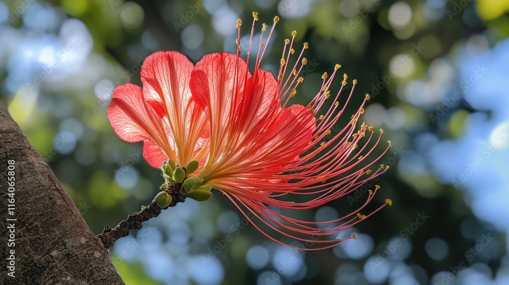 Poster vibrant red flower blooming on a tree branch surrounded by lush greenery and soft bokeh background c