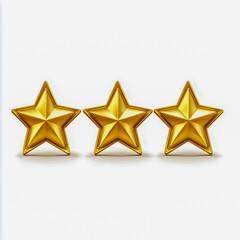 Three star rating review icon, golden 3 stars in a row, isolated on white background.