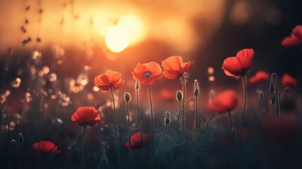 Obraz premium Vibrant wildflowers blooming in a tranquil park during sunset casting a warm golden light on nature's beauty