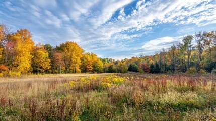 Autumn landscape with vibrant wildflowers under a sunny sky surrounded by colorful foliage and soft clouds with a serene atmosphere.