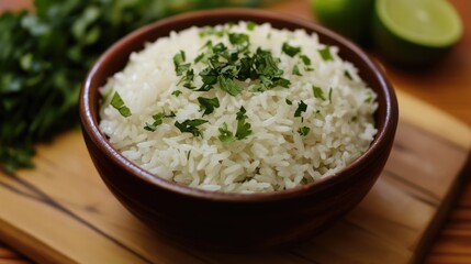 Steamed rice garnished with fresh herbs served in a rustic bowl on a wooden table with lime and vegetables in the background