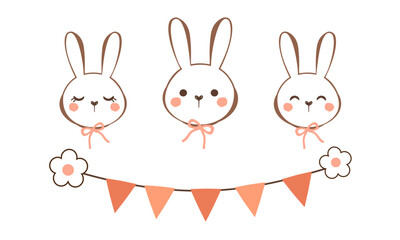 Bunny rabbit cartoons and triangle flag garland icon sign isolated on white background vector.
