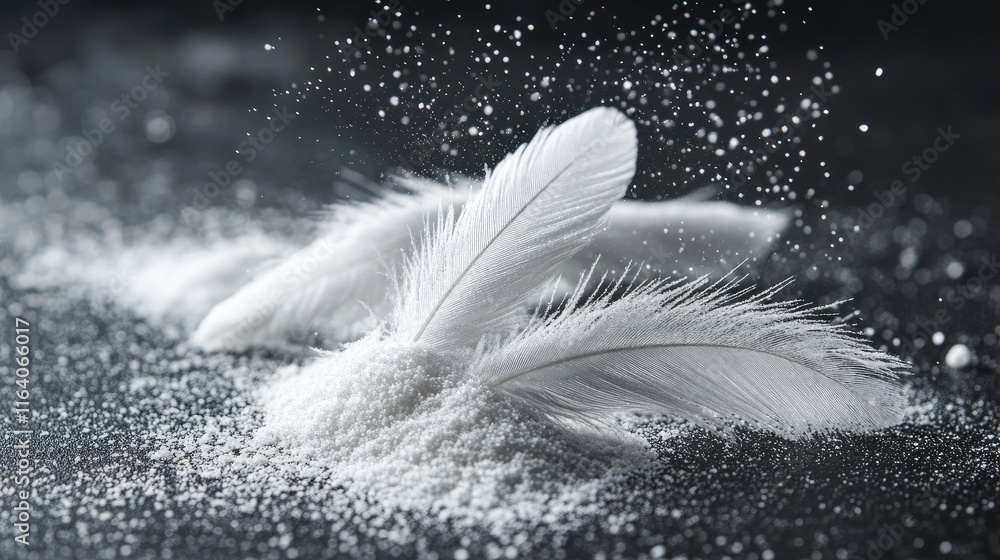 Poster delicate white feathers resting on powdered sugar creating an ethereal and calming composition on a 