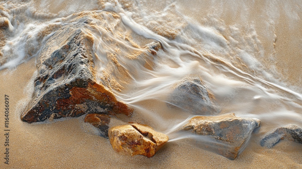Poster sand and water flowing around stones on the beach creating dynamic textures and patterns in a tranqu