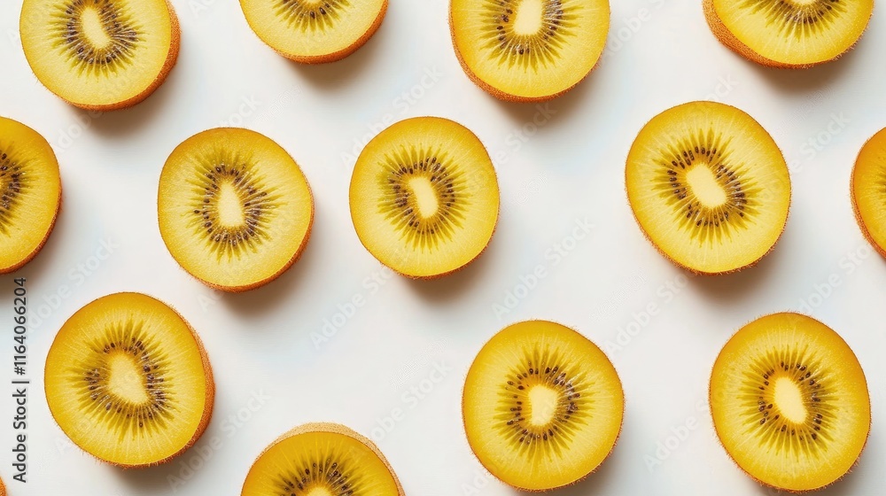 Poster golden kiwifruit whole and sliced displayed on a white background showcasing vibrant colors and text