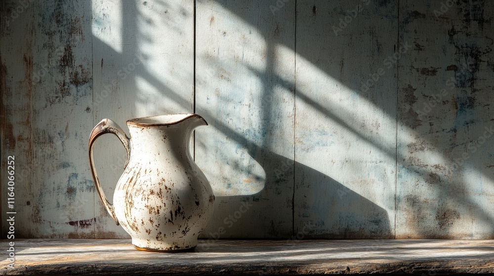 Poster radiant light bulb illuminating rustic pitcher on wooden shelf with shadows creating an elegant back
