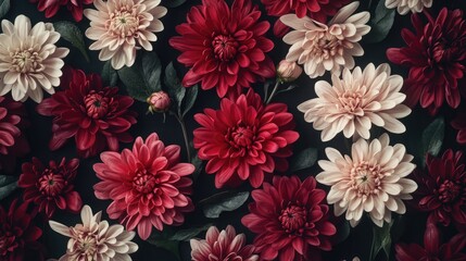 Vibrant display of red and pink chrysanthemum flowers against a dark background showcasing their intricate petals and lush foliage