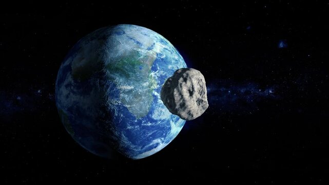 A simulation of the near-Earth space asteroid named 99942 Apophis enters Earth's orbit in April of 2029.	
