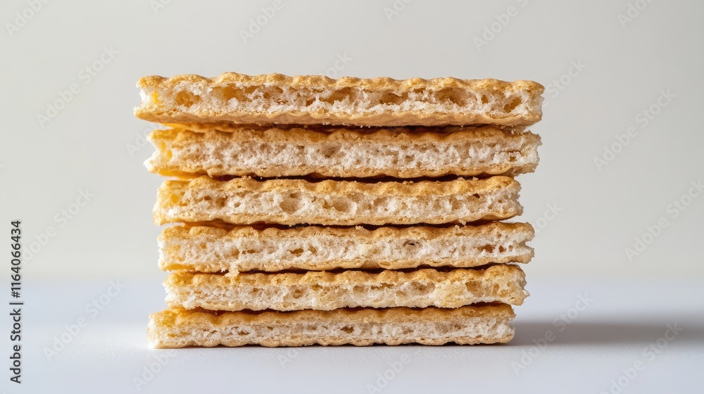 Poster stack of crispy wafers with a crumbly texture displayed on a clean white background highlighting the