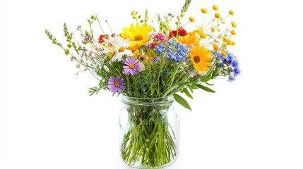 Obraz premium Colorful wildflower bouquet arrangement in a glass jar on a bright white background capturing natural beauty and springtime vibes.